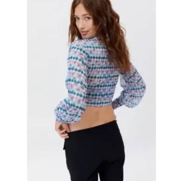 Urban Outfitters Y2K Mesh Cropped Ruched Button Up Top Womens Medium Purple Blue - Picture 3 of 15